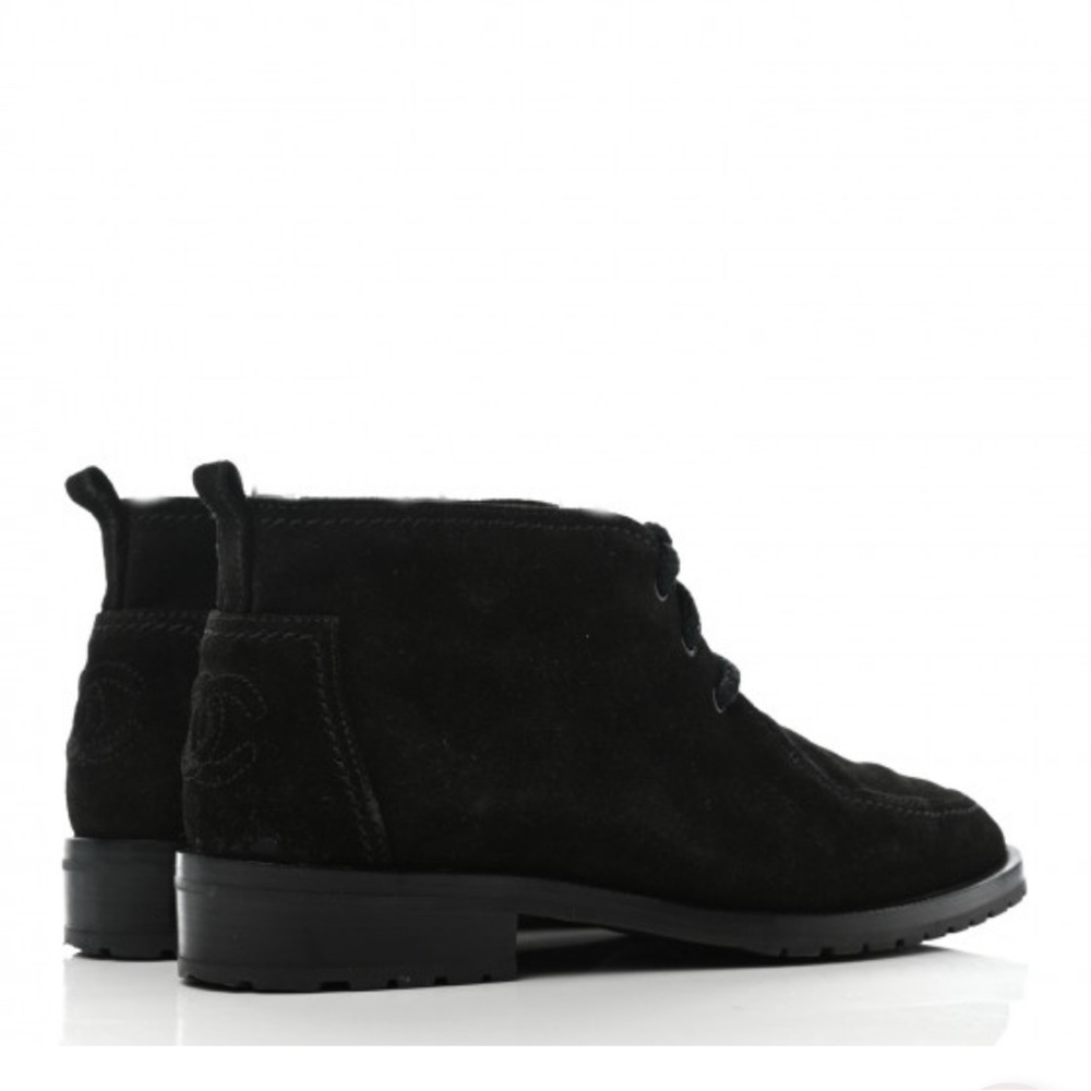CHANEL Suede CC Lace Up Ankle Boots 36.5 Black